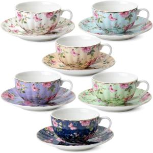 image:imageBTaT Floral Tea Cups and Saucers Set of 6 7 oz Fine Porcelain Teacup Set with Gold Trim for Afternoon Tea Weddings Parties amp Gifting Dishwasher Safe and Freezer SafeMidnight Florals
