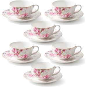 image:imageBTaT Floral Tea Cups and Saucers Set of 6 7 oz Fine Porcelain Teacup Set with Gold Trim for Afternoon Tea Weddings Parties amp Gifting Dishwasher Safe and Freezer SafePink and White