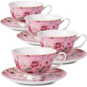 image:imageBTaT Floral Tea Cups and Saucers Set of 6 8 oz Fine Porcelain Teacup Set with Gold Trim for Afternoon Tea Weddings Parties amp Gifting Dishwasher SafePink