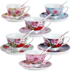 image:imageBTaT Floral Tea Cups and Saucers Set of 6 8 oz Fine Porcelain Teacup Set with Gold Trim for Afternoon Tea Weddings Parties amp Gifting Dishwasher SafeMulticolor with Spoon
