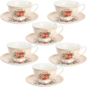 image:imageBTaT Floral Tea Cups and Saucers Set of 6 8 oz Fine Porcelain Teacup Set with Gold Trim for Afternoon Tea Weddings Parties amp Gifting Dishwasher SafeFlower Shrubs