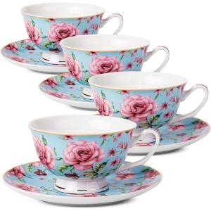 image:imageBTaT Floral Tea Cups and Saucers Set of 6 8 oz Fine Porcelain Teacup Set with Gold Trim for Afternoon Tea Weddings Parties amp Gifting Dishwasher SafeBlue