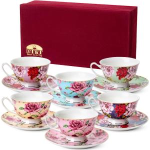 image:imageBTaT Floral Tea Cups and Saucers Set of 6 8 oz Fine Porcelain Teacup Set with Gold Trim for Afternoon Tea Weddings Parties amp Gifting Dishwasher SafeMulticolor with Gift Box