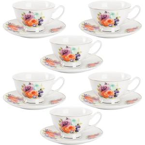 image:imageBTaT Floral Tea Cups and Saucers Set of 6 8 oz Fine Porcelain Teacup Set with Gold Trim for Afternoon Tea Weddings Parties amp Gifting Dishwasher SafeFloral Ivory